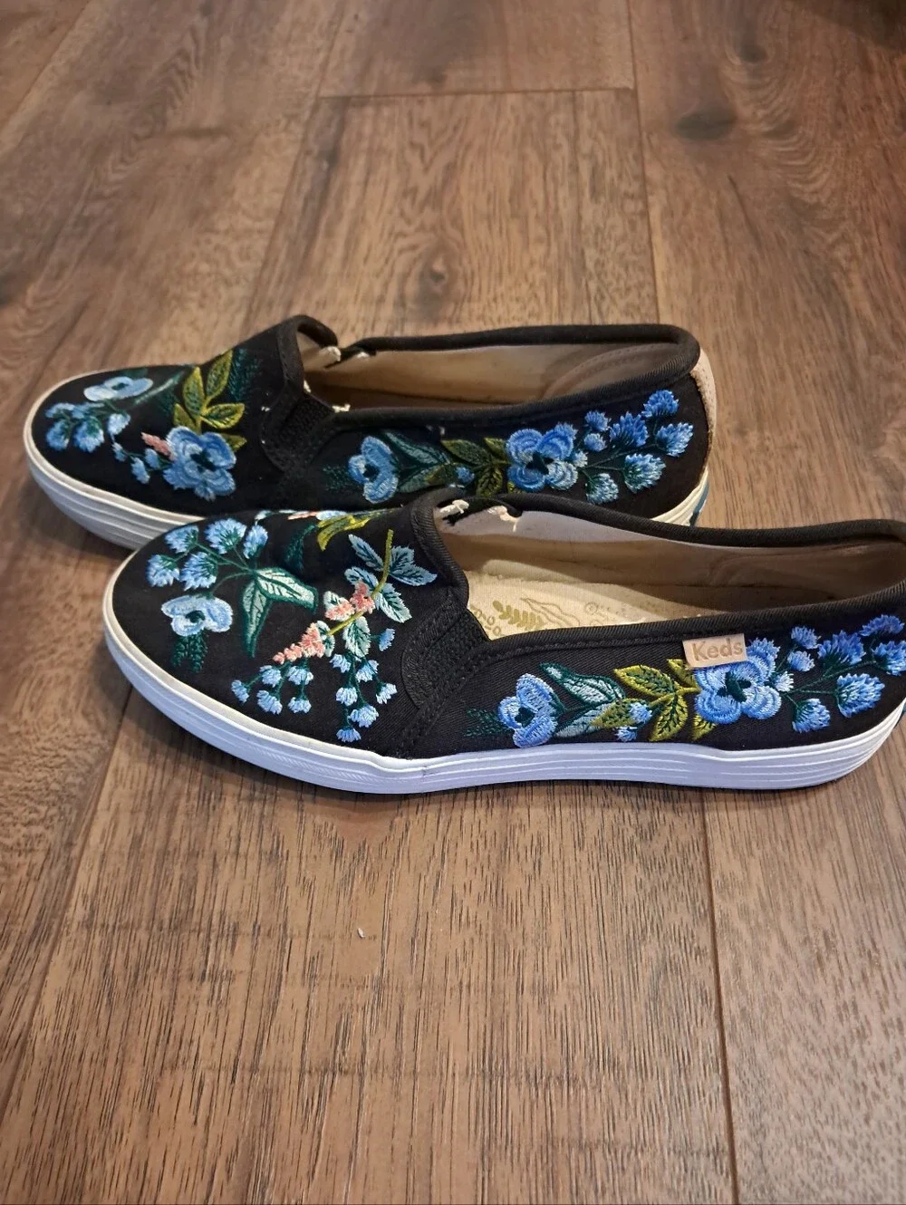 Keds Rifle Paper Co. Black Slip-On Sneakers with Blue Floral Embroidery